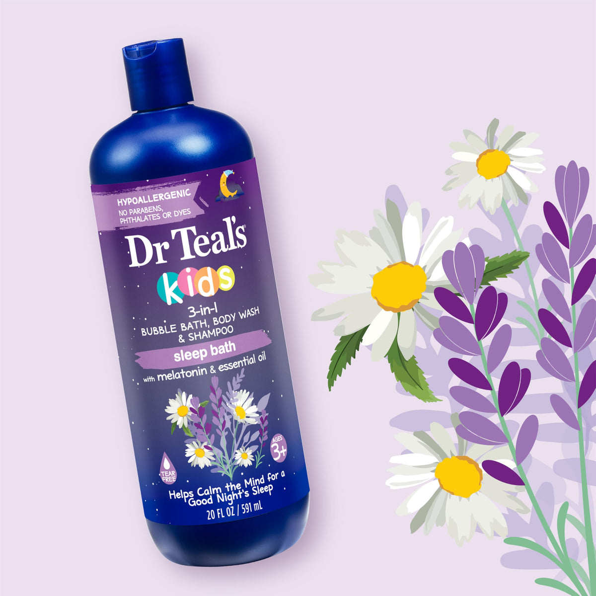 Dr Teal's lavender scented bottle close-up highlighting gentle formula benefit