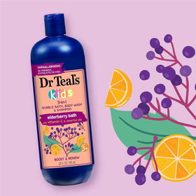 Dr Teal's pump and label closeup highlighting kid-friendly instructions and safety