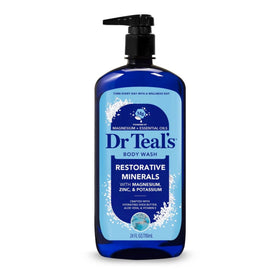 Dr Teal's lifestyle shower still with bottle and towel evoking spa-like relaxation at home