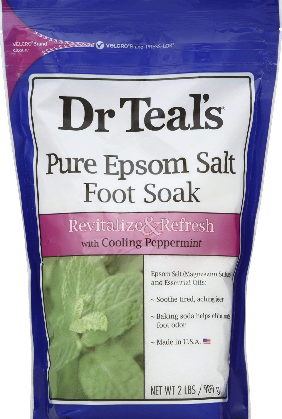 Dr Teal's front packaging showing peppermint foot soak and calming benefits