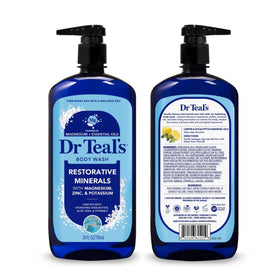 Dr Teal's poured body wash drops on skin illustrating smooth application and moisturized finish