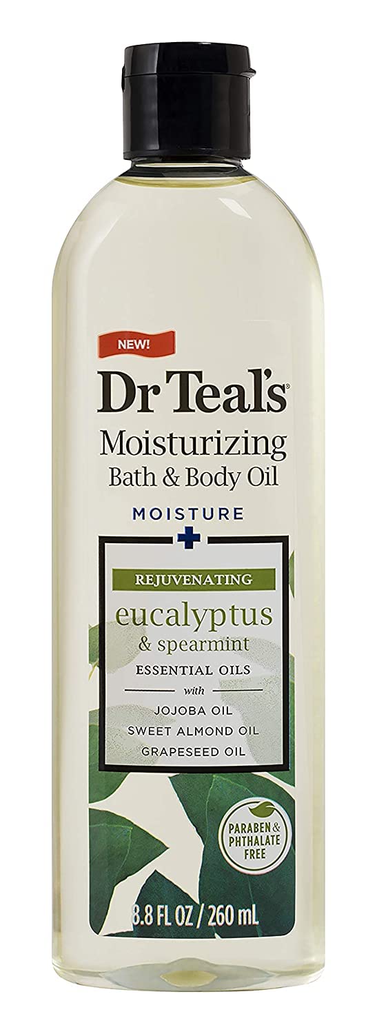 Dr Teal's close-up of Rejuvenating Eucalyptus label highlighting invigorating scent