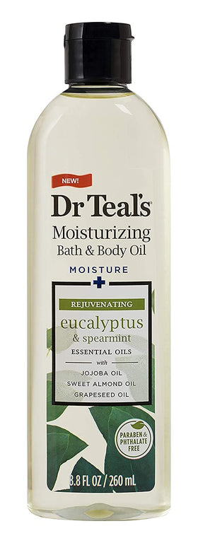 Dr Teal's close-up of Rejuvenating Eucalyptus label highlighting invigorating scent