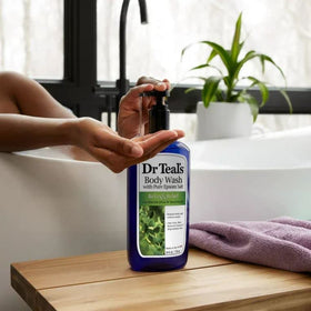 Dr Teal's on a shower shelf in a bathroom scene creating a spa-like ritual