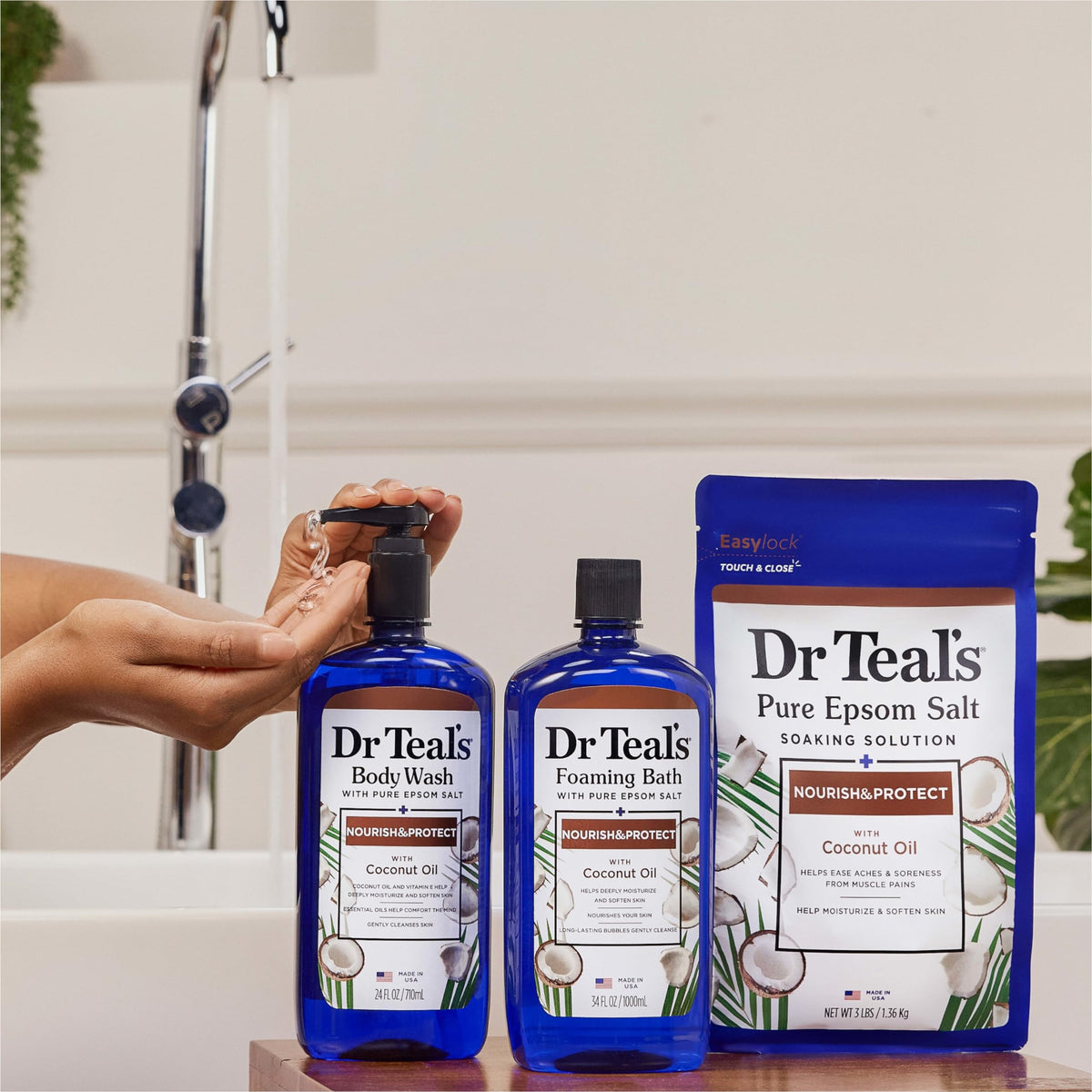 Dr Teal's in-shower lifestyle use displaying relaxation and refreshment