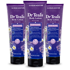 Dr Teal's front bottle shot showing calming sleep lotion and packaging benefit