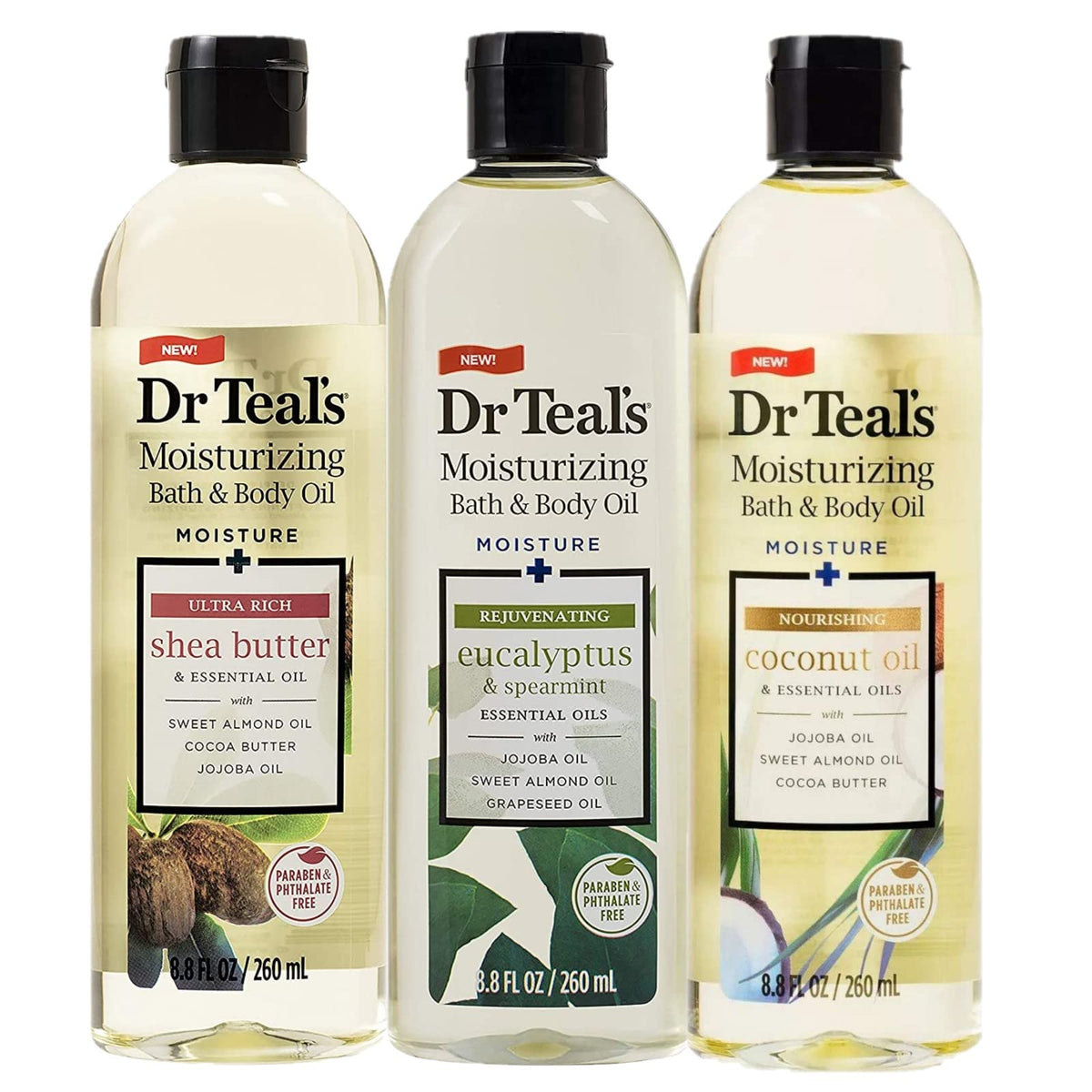 Dr Teal's front view of three-bottle gift set showing variety and ease