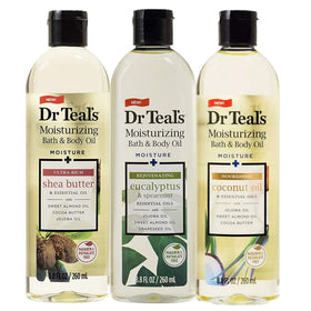 Dr Teal's front view of three-bottle gift set showing variety and ease
