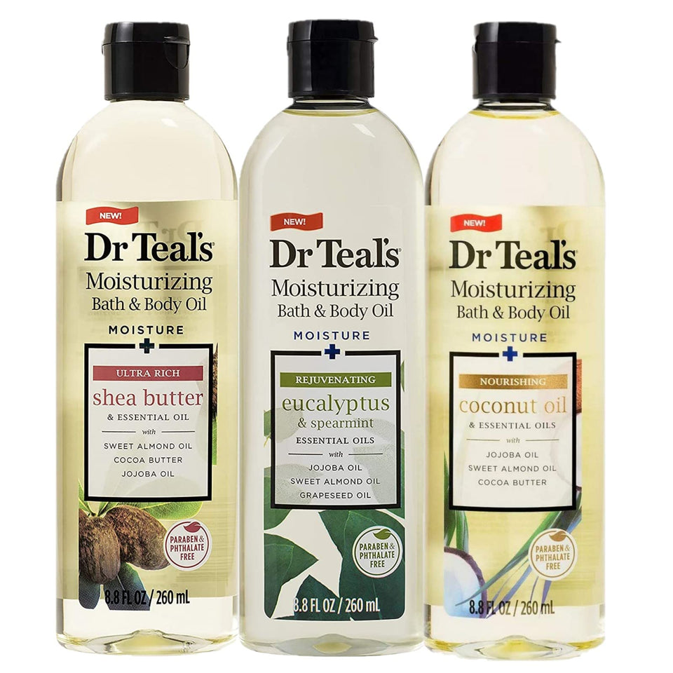 Dr Teal's front view of three-bottle gift set showing variety and ease