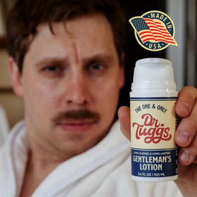 Dr. Tuggs bottle on bathroom counter suggesting effortless cleanup routine