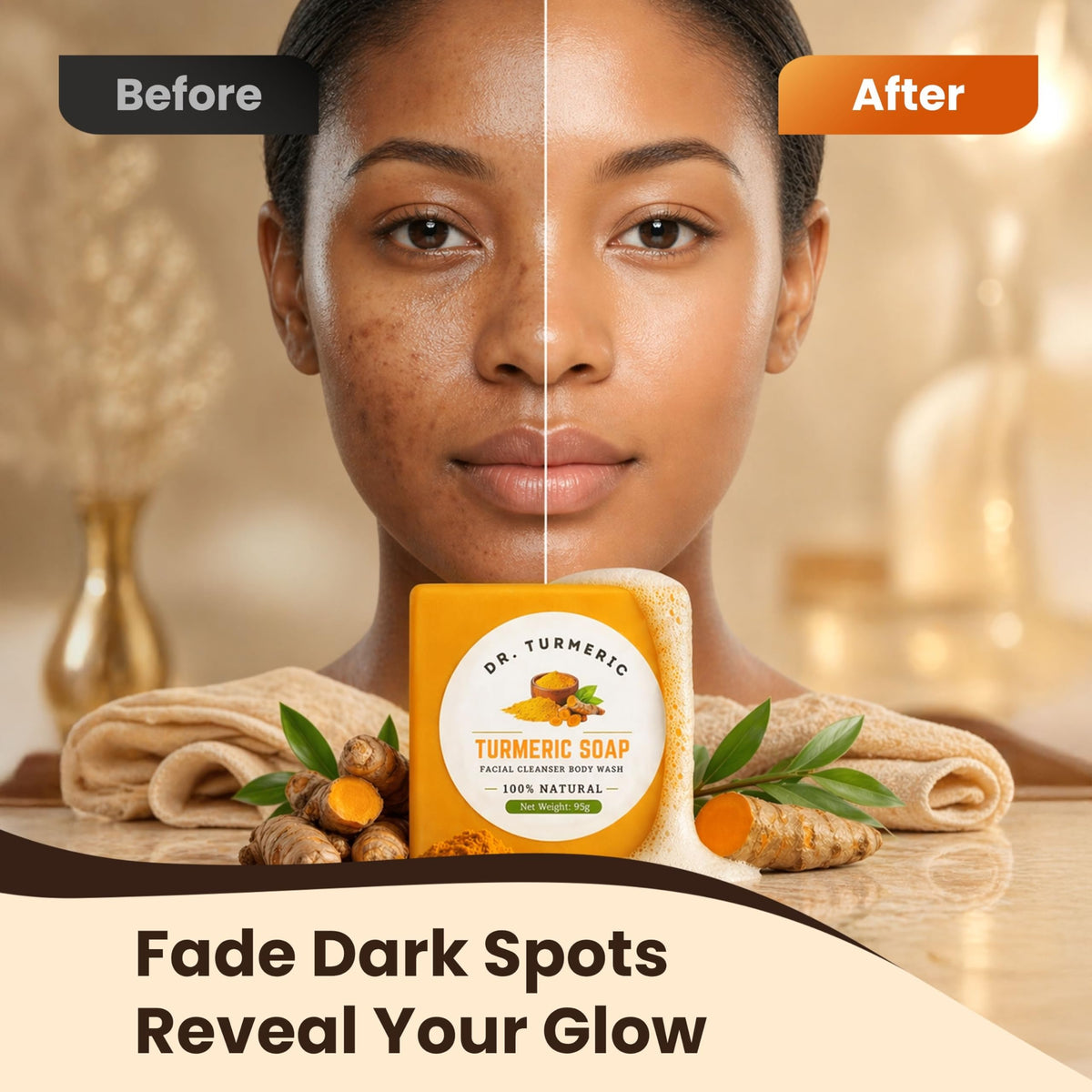 Dr. Turmeric turmeric root and powder highlighting natural ingredient