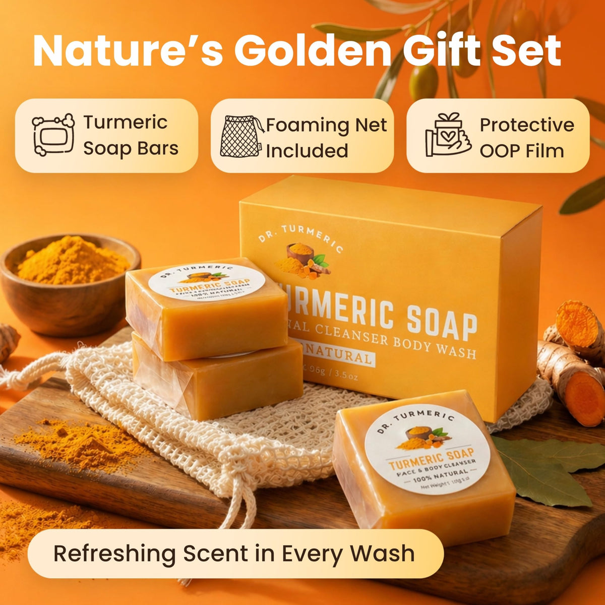 Dr. Turmeric bar beside hand showing scale and travel convenience
