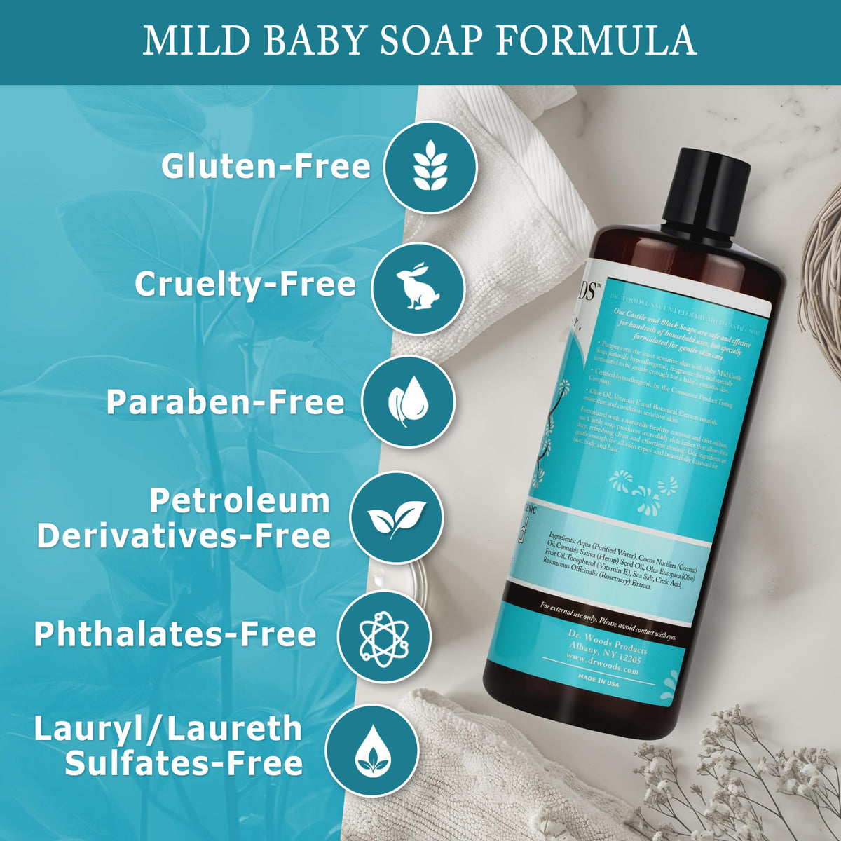 Dr. Woods soap in baby bath demonstrating gentle cleansing and easy rinse