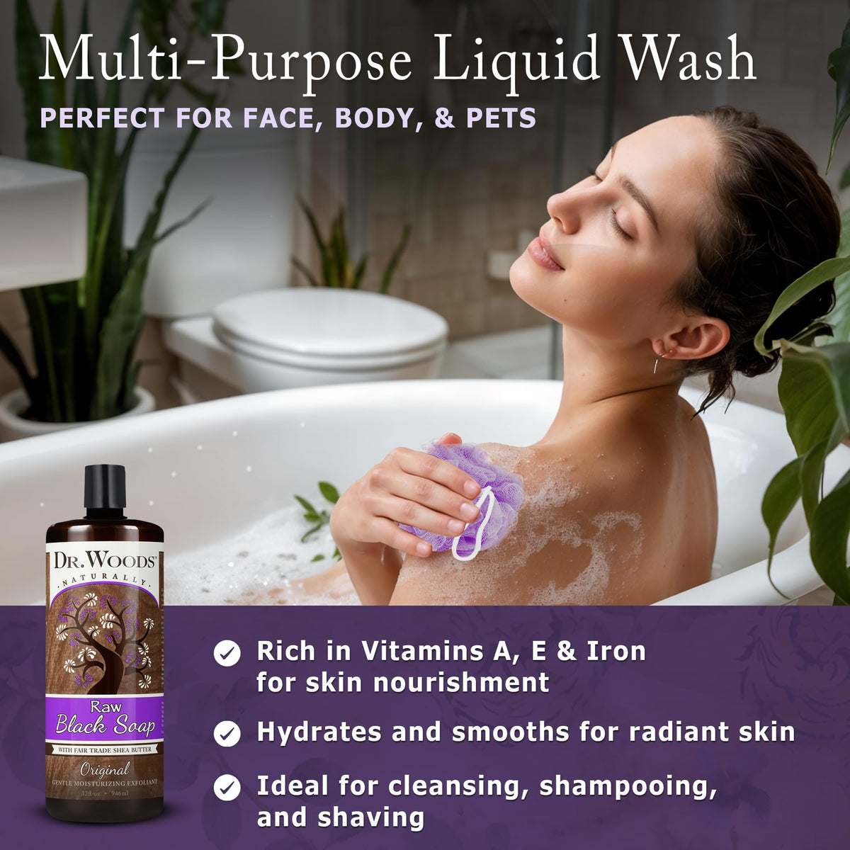 Dr. Woods pouring liquid black soap texture showing rich lather and easy rinsing