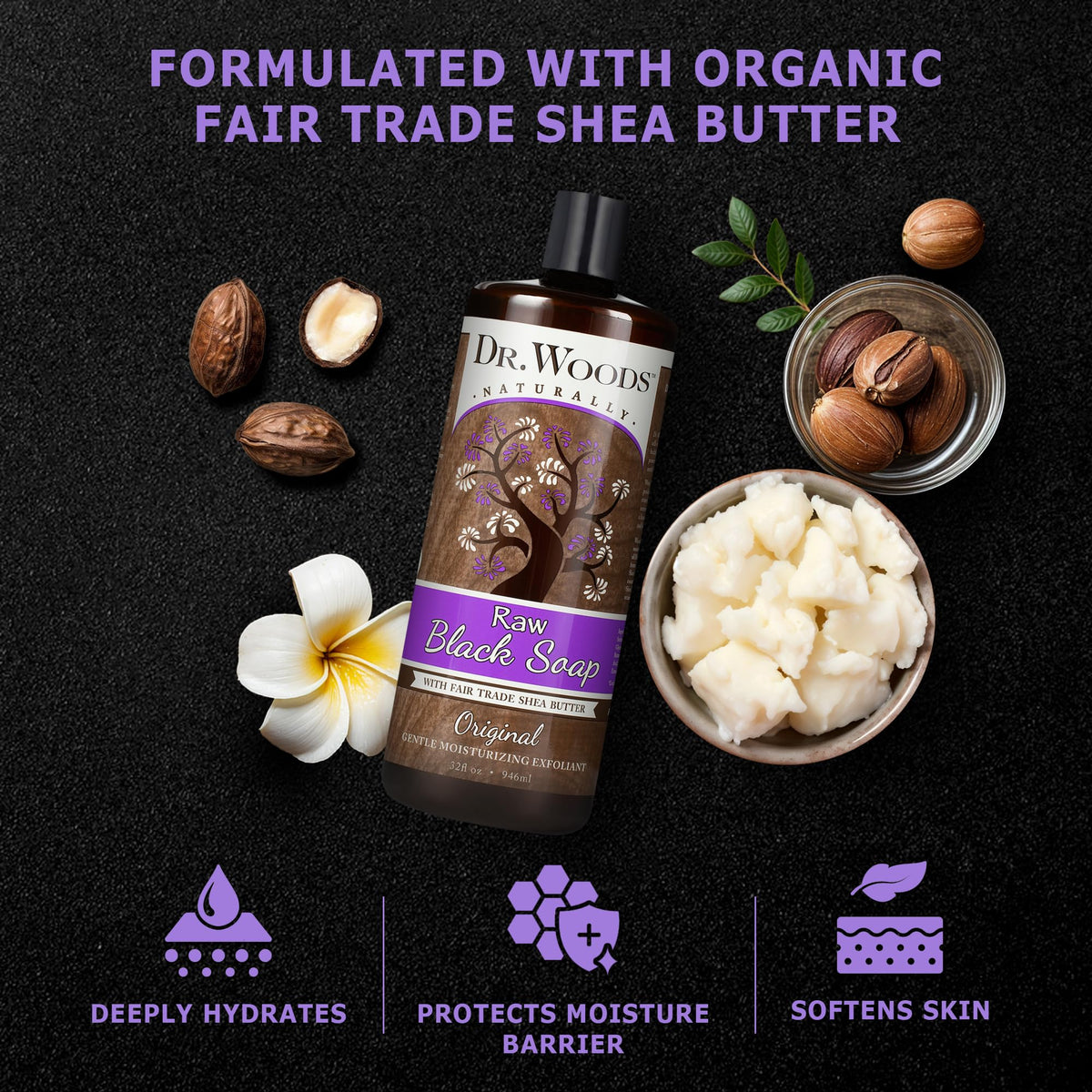 Dr. Woods bottle staged on bathroom shelf, shows convenience and daily use benefit