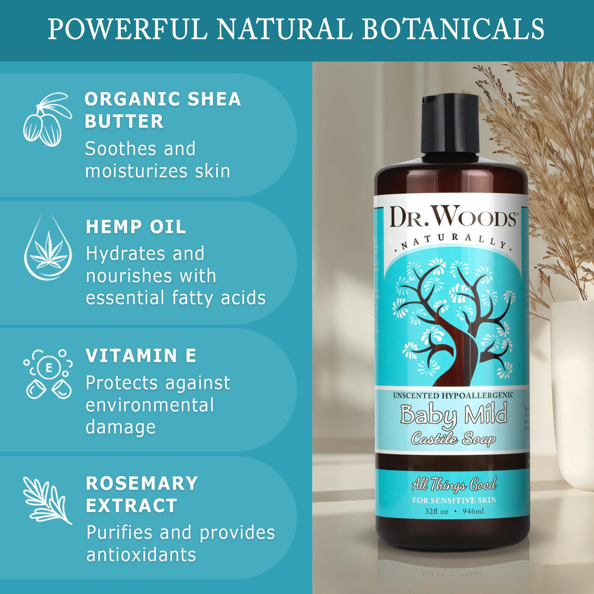 Dr. Woods close-up label detailing hemp oil and vitamin E ingredients