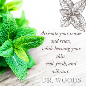 Close-up of Dr. Woods peppermint label highlighting natural ingredients and scent
