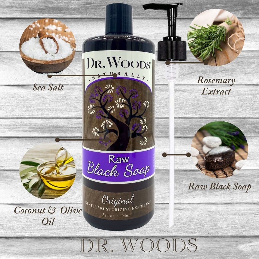 Dr. Woods soap foaming on loofah demonstrating gentle exfoliation and lather