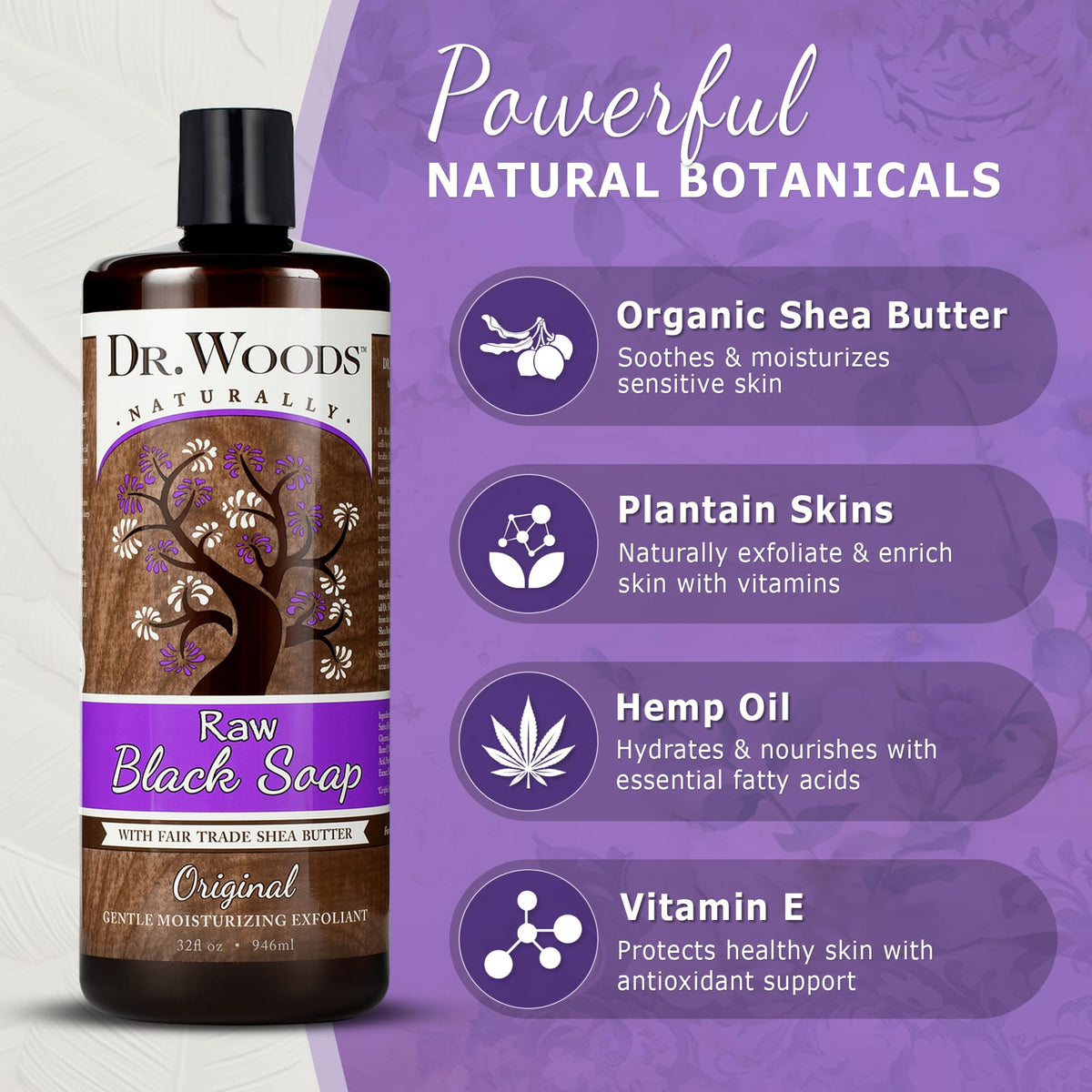 Dr. Woods liquid soap texture pouring from bottle, demonstrates gentle exfoliating action
