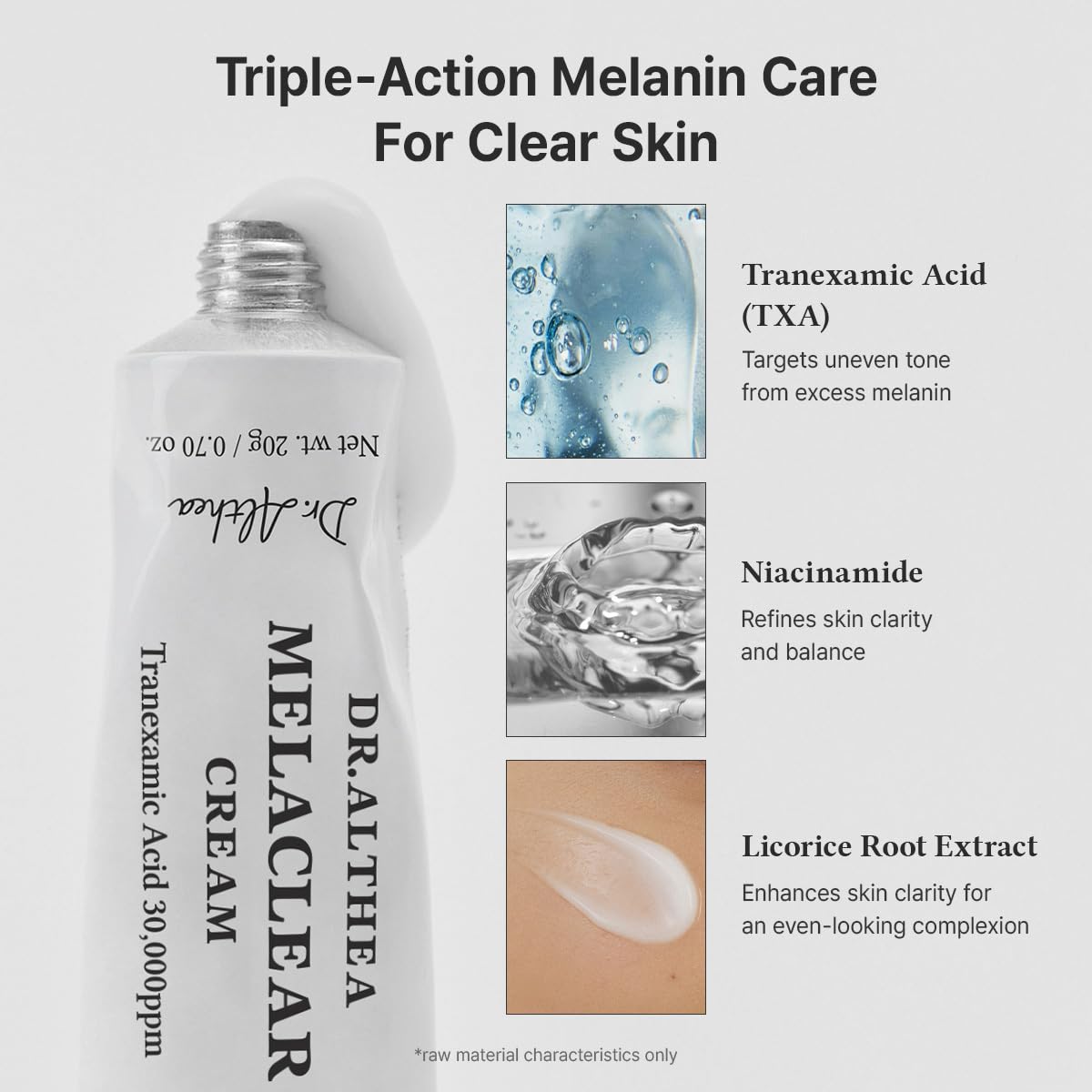 Dr.Althea Melaclear ingredient label highlighting tranexamic acid and niacinamide