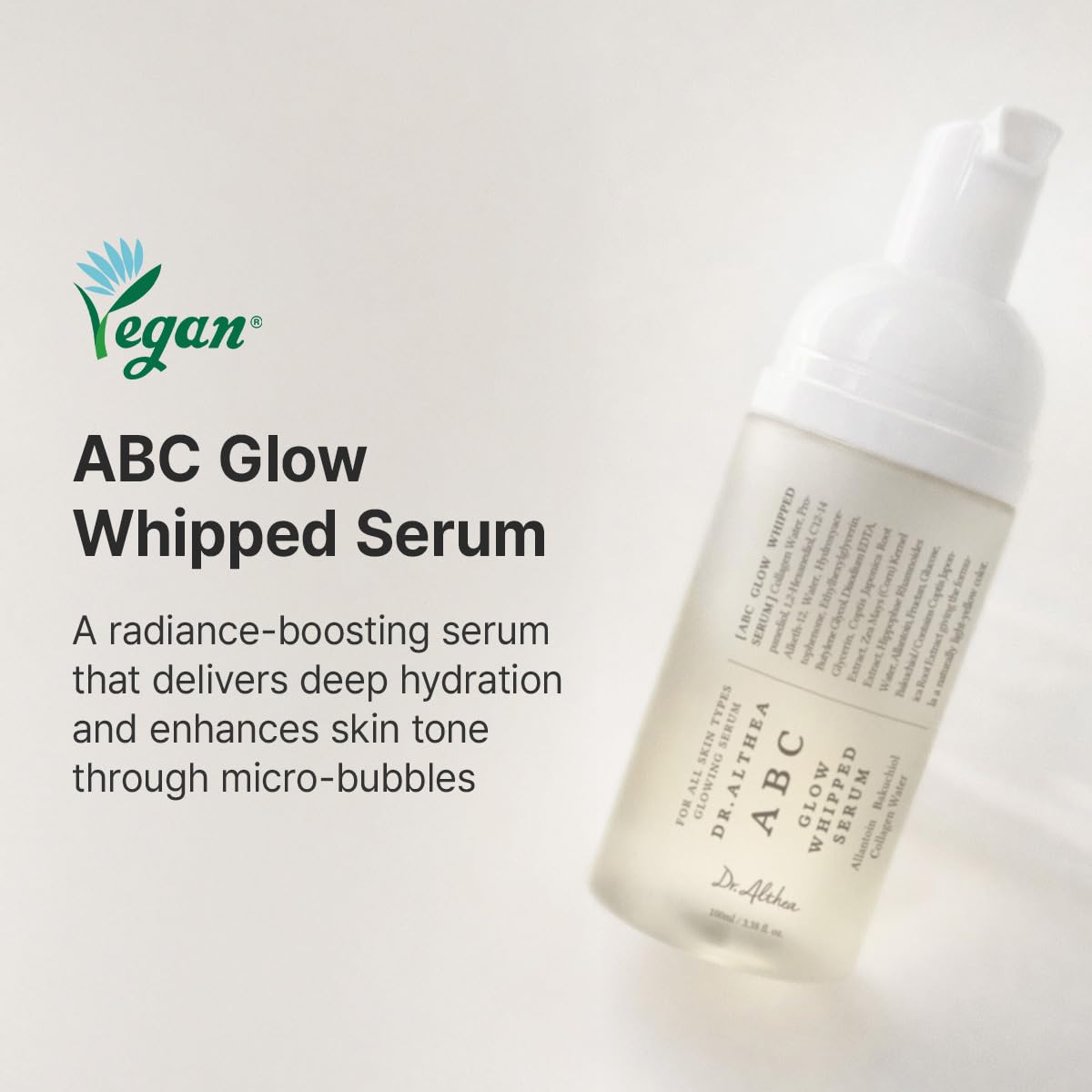 Dr.Althea whipped serum dispensed on hand demonstrating airy pump texture benefit