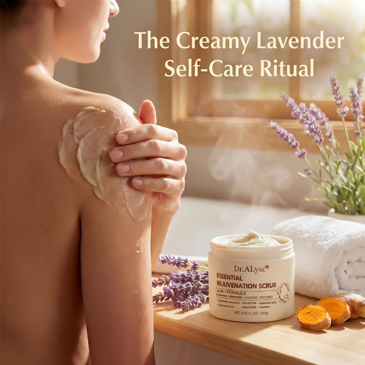 Dr.ALysc scrub used in shower illustrating body exfoliation benefit