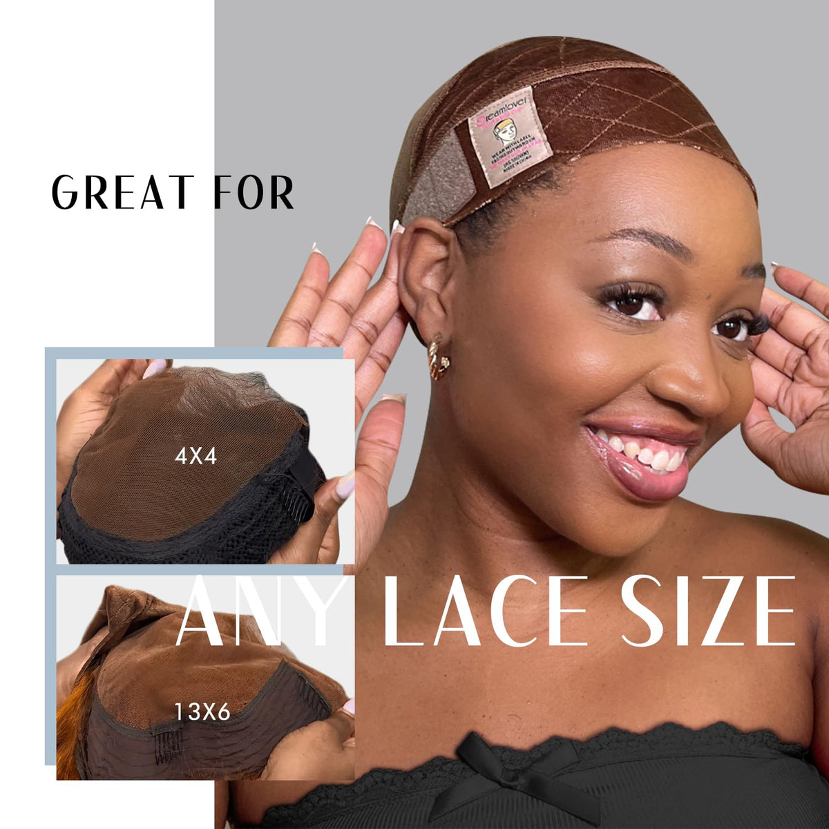 Dreamlover grip band worn by woman demonstrating stable lace front wig fit during styling