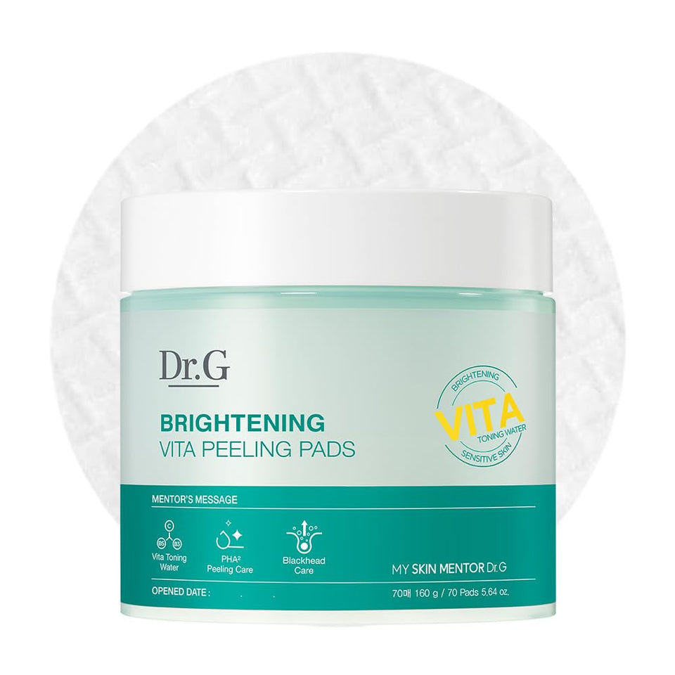 Dr.G front jar of brightening vita peeling toner pads showing packaging and convenience