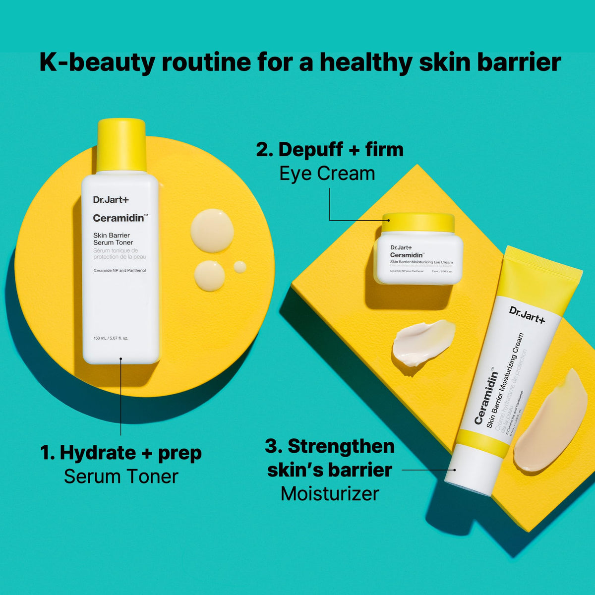 Dr.Jart+ Ceramidin eye cream on bathroom shelf in routine setting conveying everyday use
