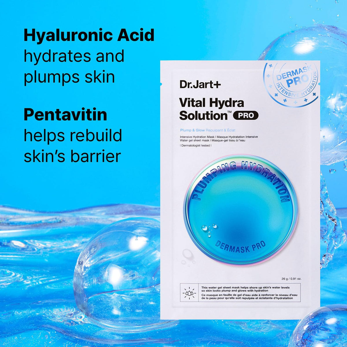 Dr.Jart+ Ceramidin mask detail with ceramide ingredient bottle for barrier support