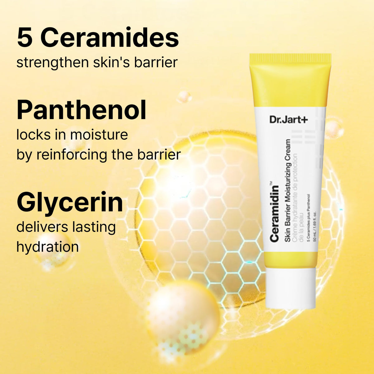 Dr.Jart+ packaging label close-up highlighting ingredients benefit