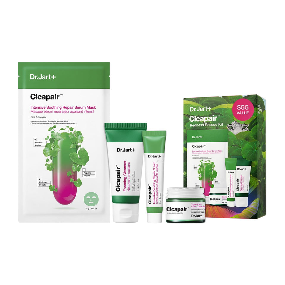 Dr.Jart+ front packaging of the travel set showing compact boxes and tubes benefits quick-solution