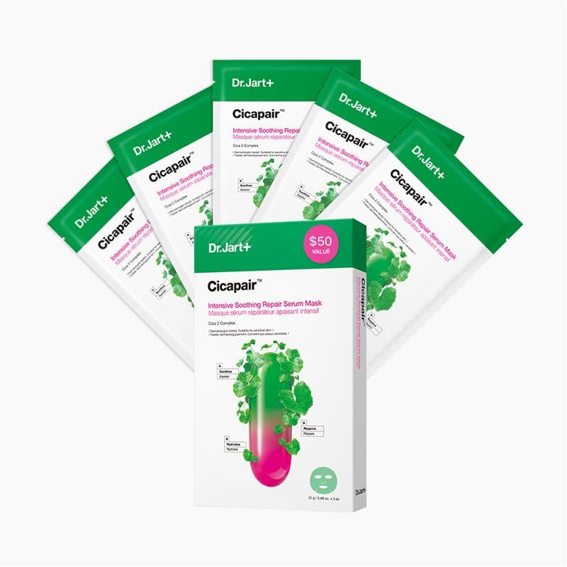 Dr.Jart+ front packaging showing five-mask value pack and calming benefits