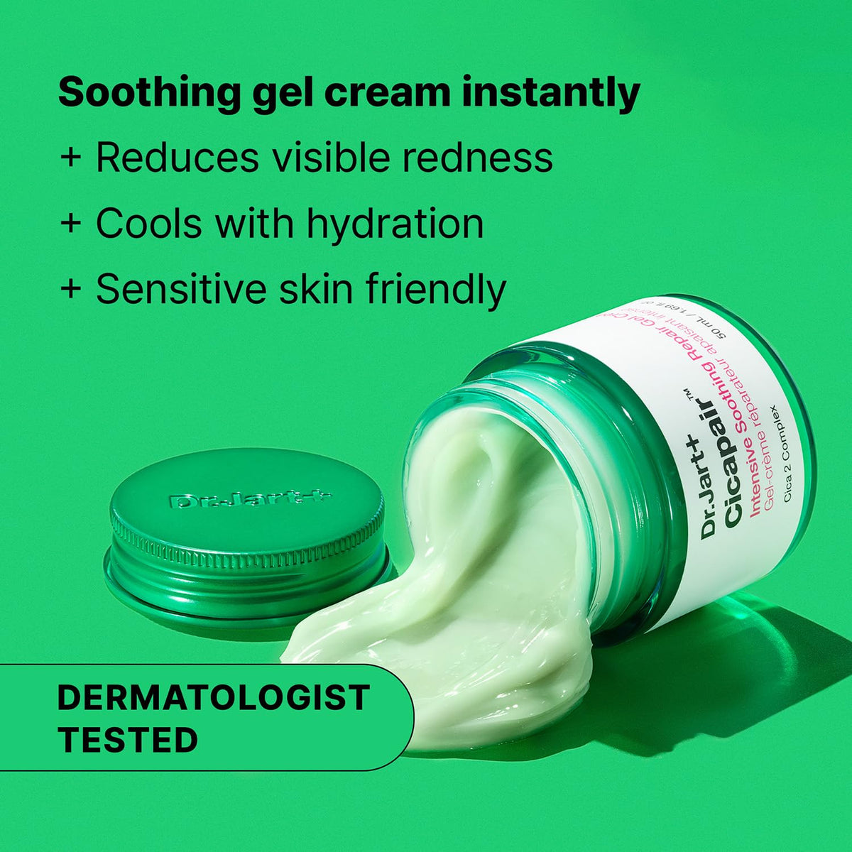 Dr.Jart+ swatch on skin demonstrating the gel's soothing finish and immediate reduction of visible redness