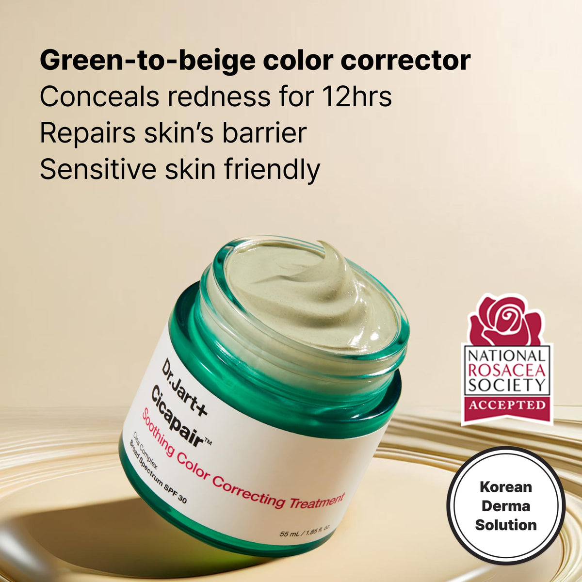 Dr.Jart+ green-to-beige swatches on arm showing color correction