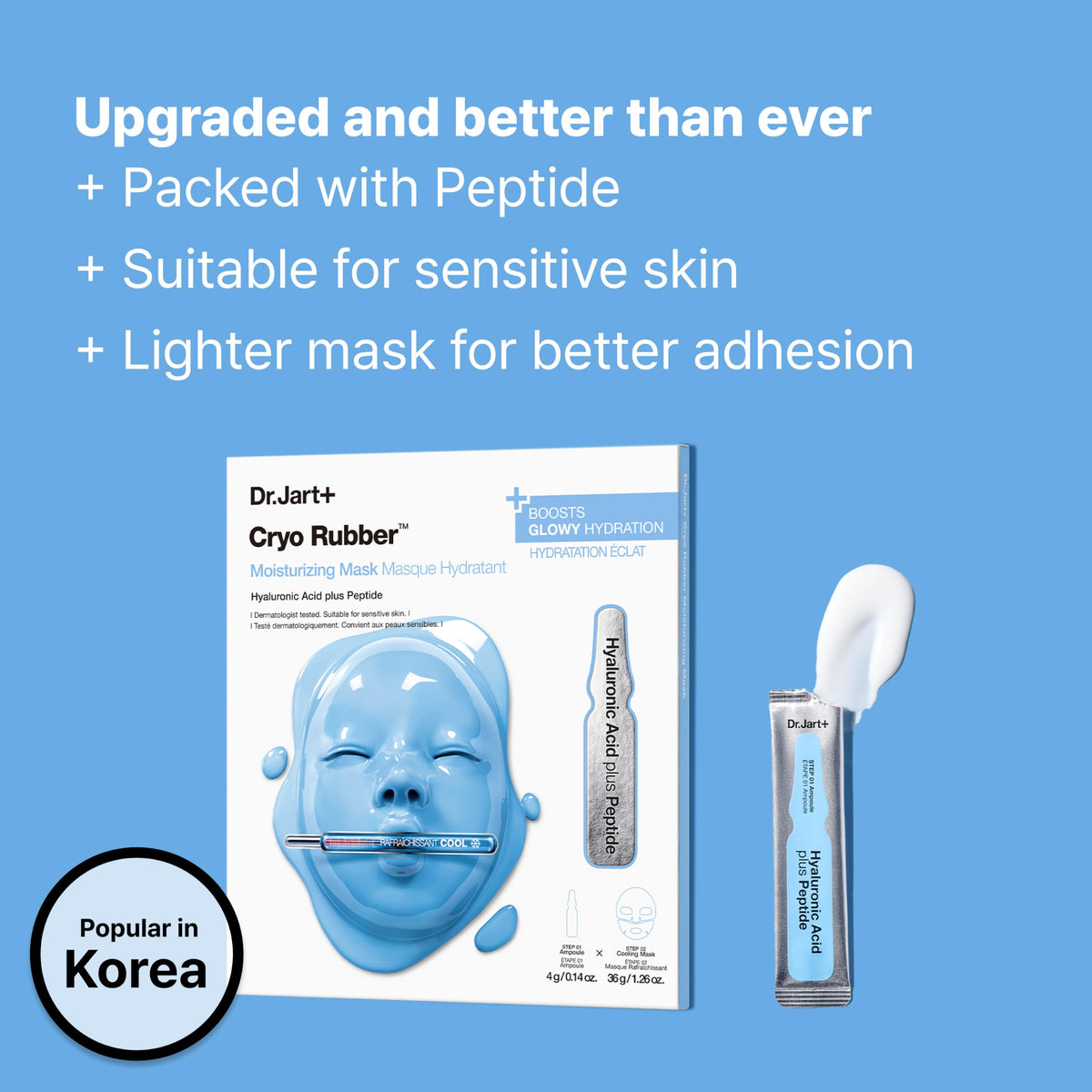 Dr.Jart+ ampoule open with serum drop showcasing hydrating hyaluronic action