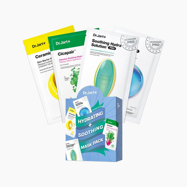 Dr.Jart+ front packaging of four masks showing set benefits and gift-ready presentation