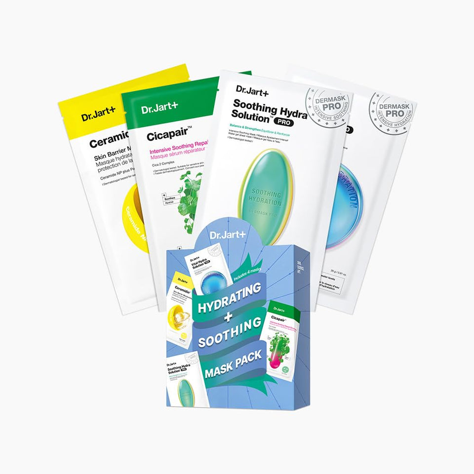 Dr.Jart+ front packaging of four masks showing set benefits and gift-ready presentation