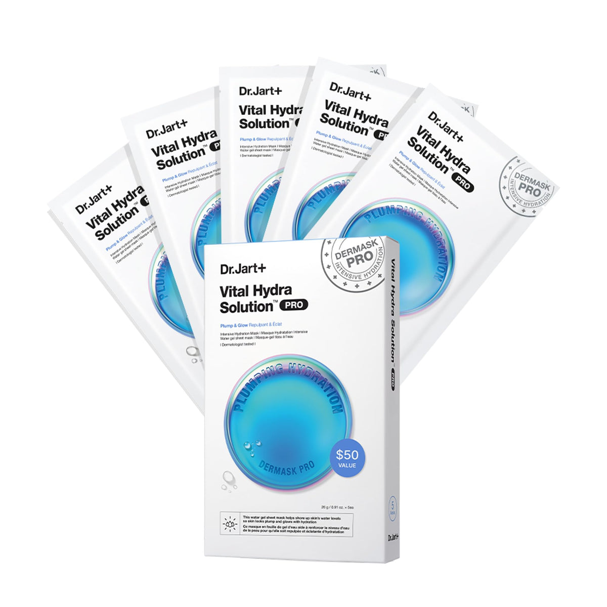 Dr.Jart+ pack front showing five hydrating masks and benefits