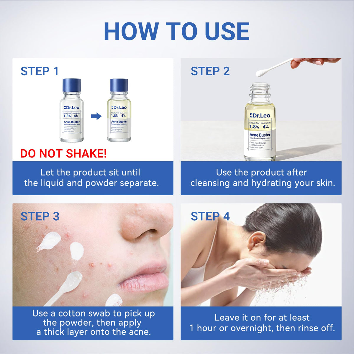 Dr.Leo label and ingredients close-up highlighting salicylic acid and niacinamide