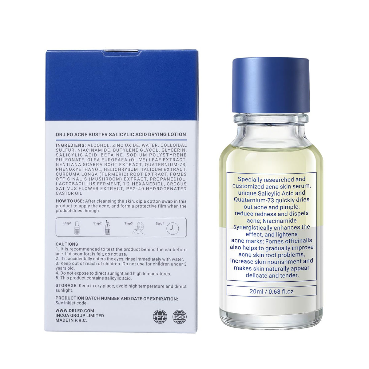 Dr.Leo bottle inside travel pouch showing on-the-go blemish control