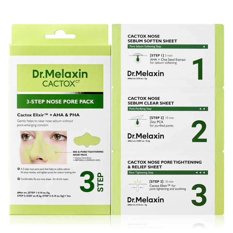 Dr.Melaxin front packaging showing the three-step nose pack and benefits
