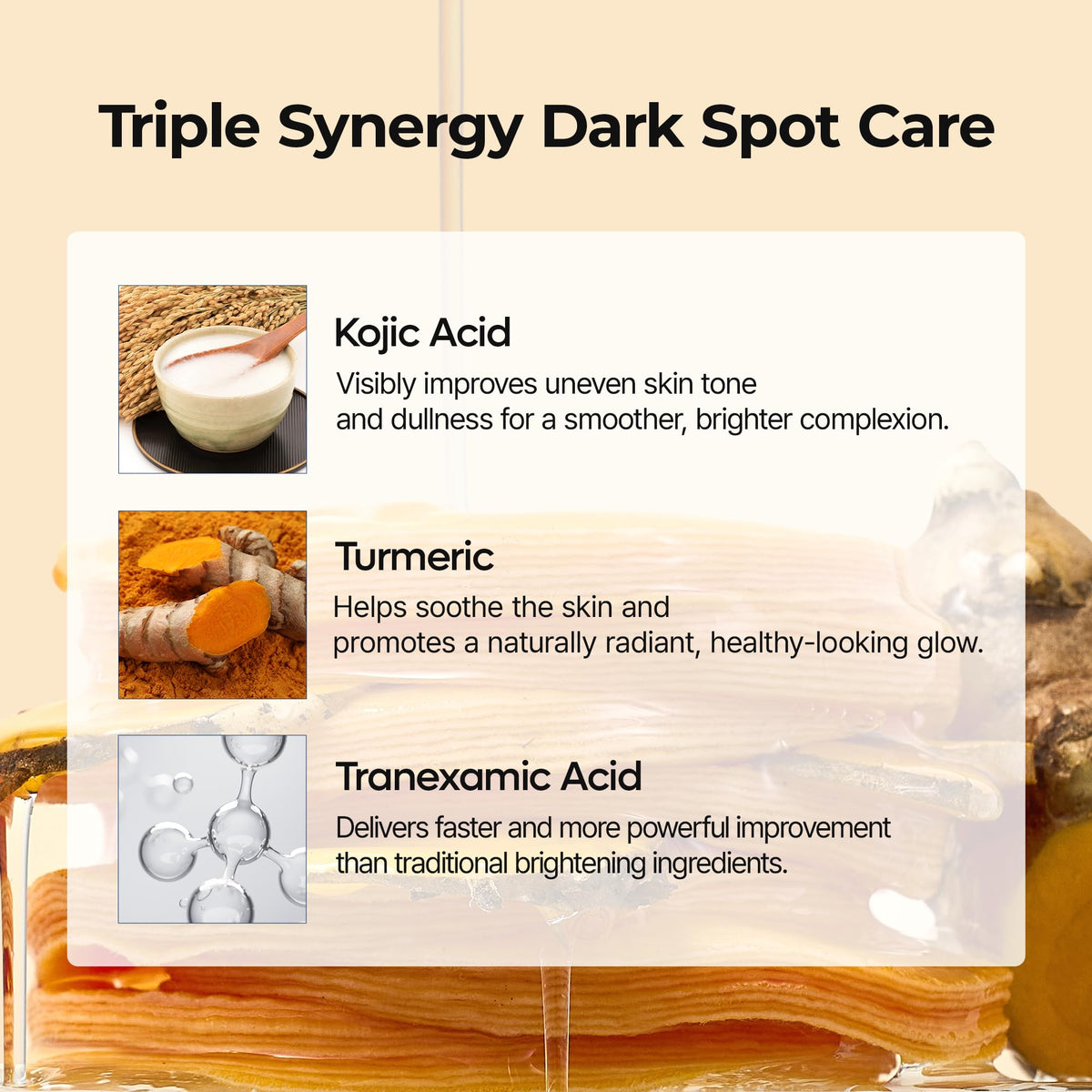 Dr.Melaxin ingredients label highlighting kojic acid and tranexamic acid benefits