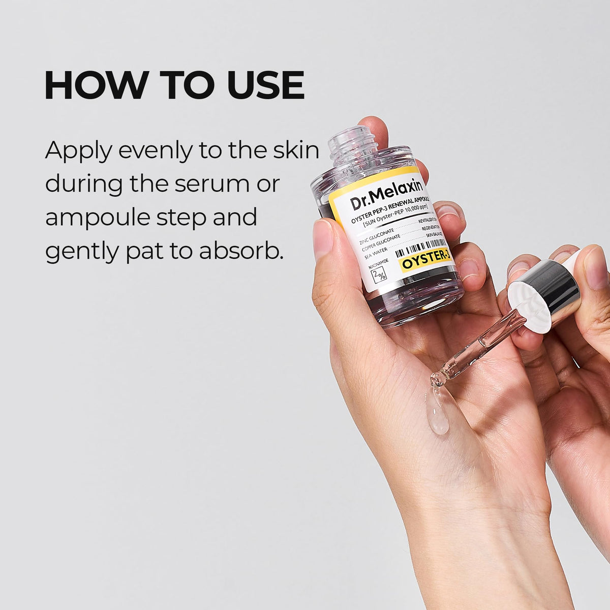 Dr.Melaxin ampoule in bathroom lifestyle scene showing easy daily skincare layering