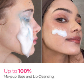 Dr.Melaxin bubbles bursting on makeup showing efficient, oil-free removal