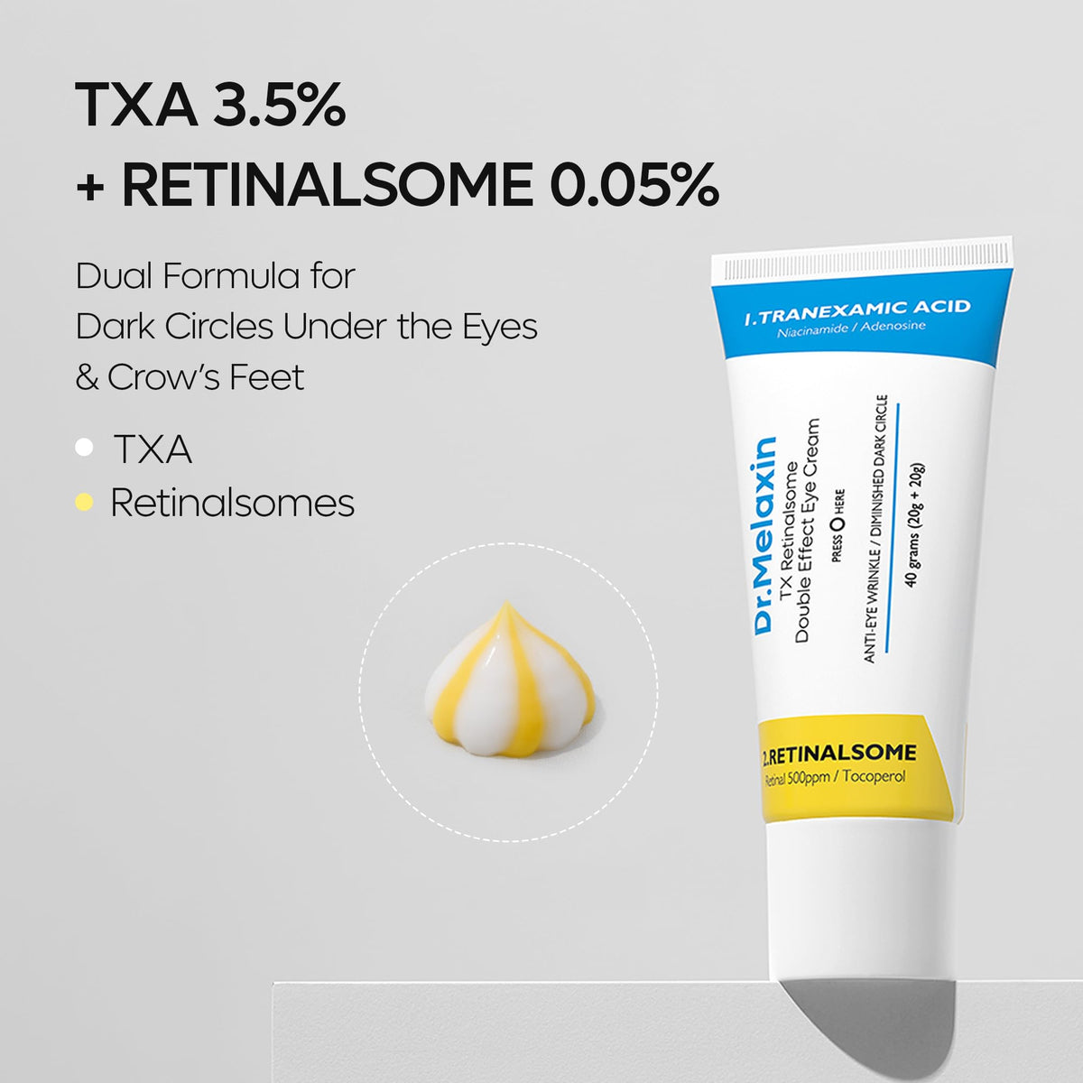 Dr.Melaxin dispenser pressed to show simultaneous dual-cream release