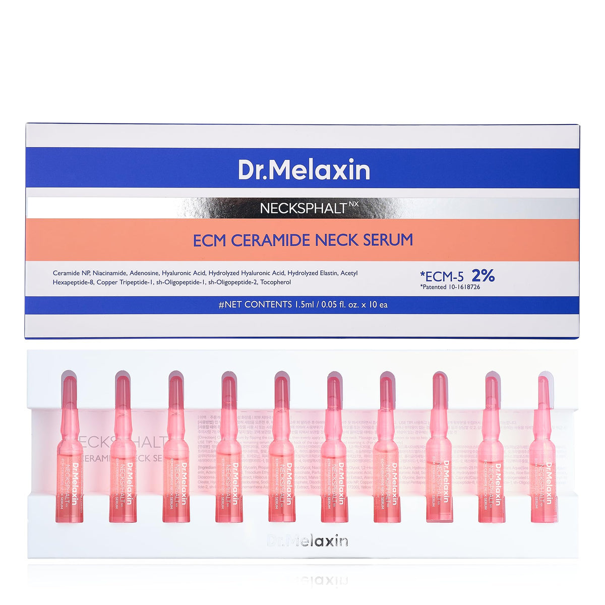 Dr.Melaxin front packaging showing 10 ampoules for targeted neck firming