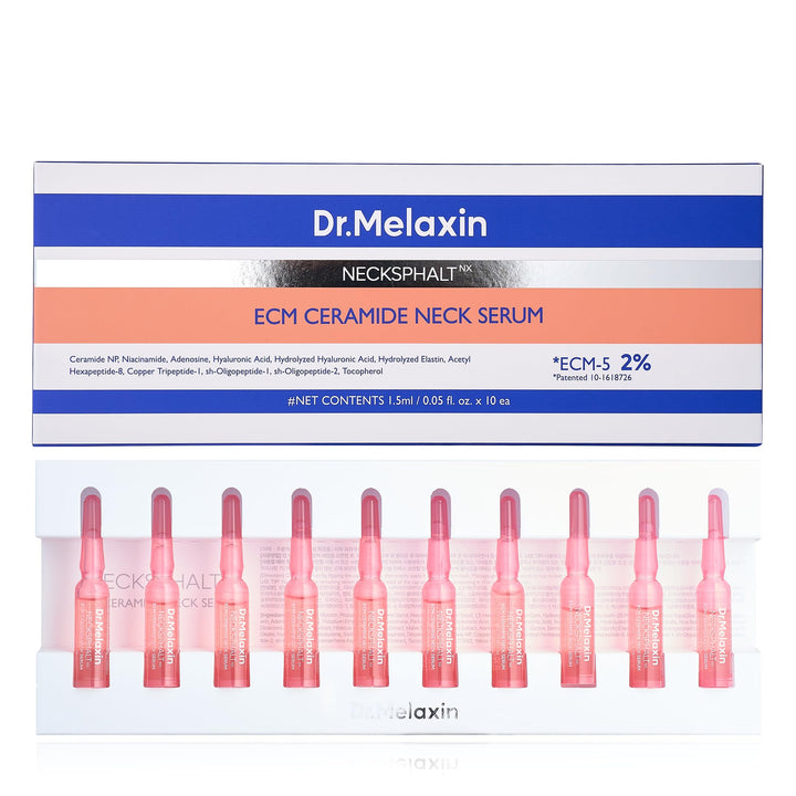 Dr.Melaxin front packaging showing 10 ampoules for targeted neck firming
