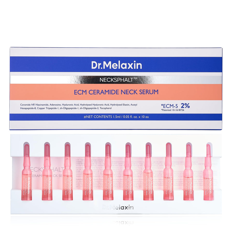 Dr.Melaxin front packaging showing 10 ampoules for targeted neck firming