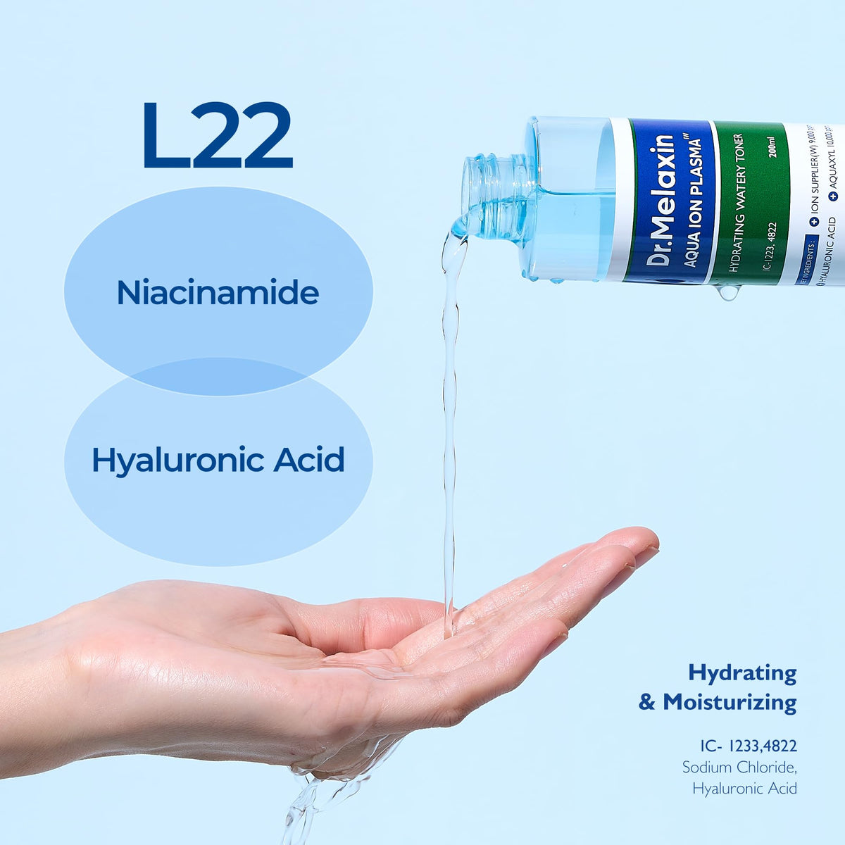 Dr.Melaxin ingredient label close-up showing Aquaxyl and hyaluronic acids, emphasizes barrier support